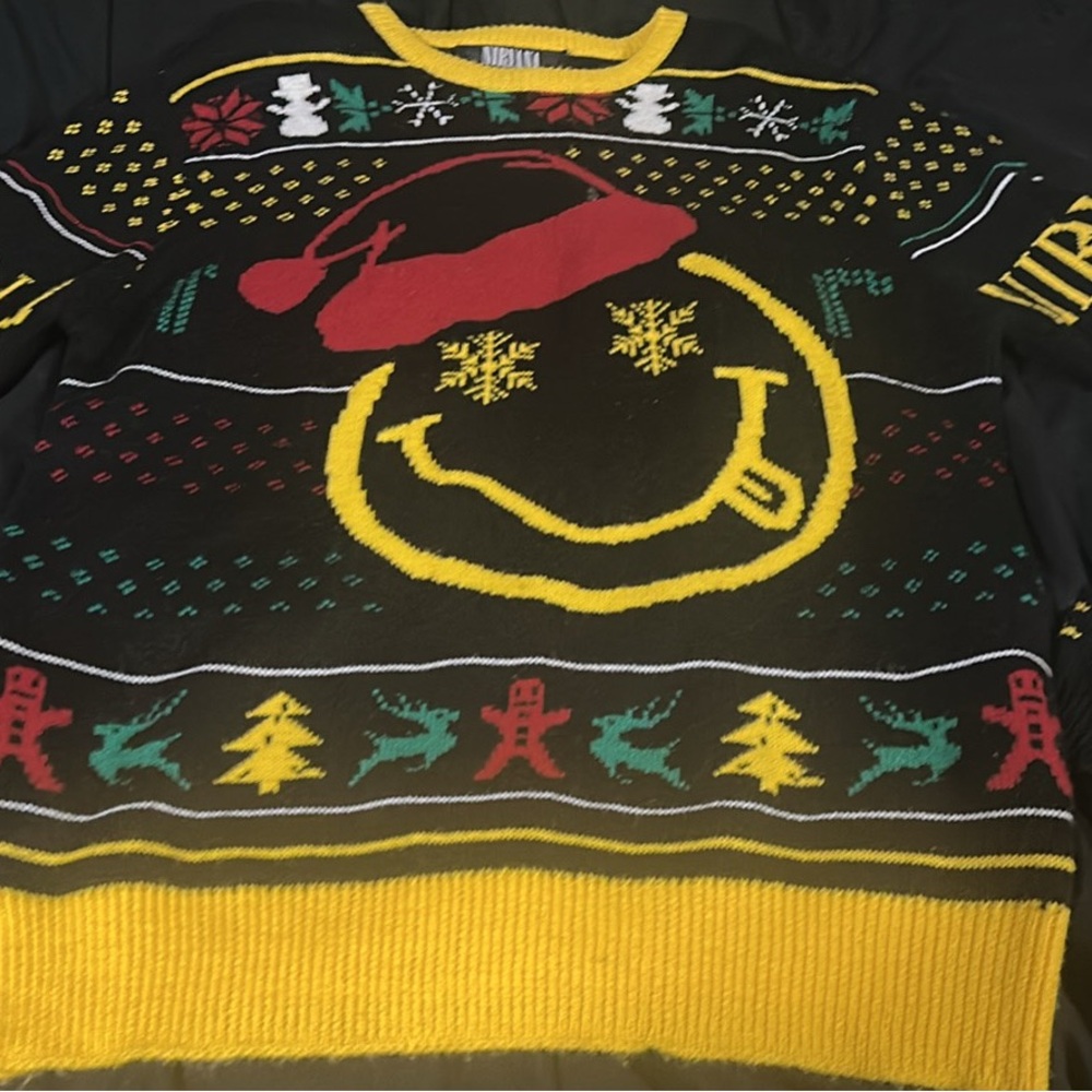 NIRVANA Festive Smiley Sweater - Black, Yellow, Red